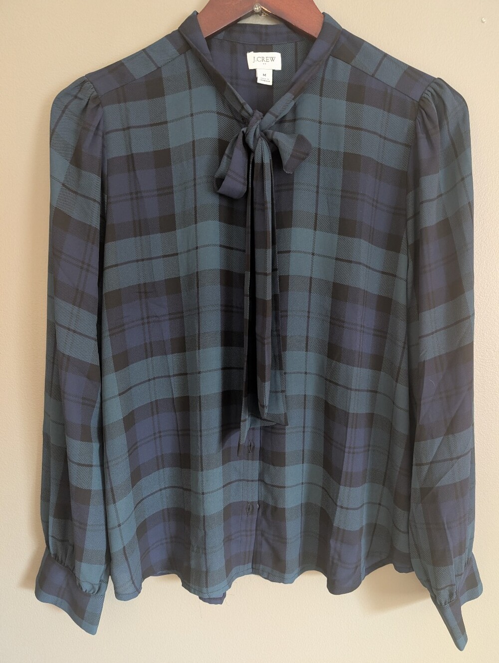 J Crew Black Watch Plaid Tie Neck Blouse Size Medium